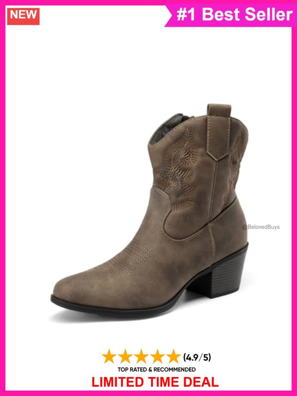 Faux Leather Western Cowboy Ankle Boots Embroidered Chunky Heel Round Toe